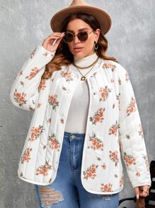 SHEIN Frenchy Plus Floral Print Quilted Coat - White - View 1