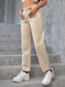 SHEIN EZwear High Waist Straight Leg Jeans - Khaki - View 5