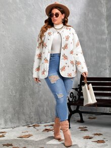 SHEIN Frenchy Plus Floral Print Quilted Coat - White - View 4