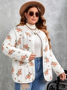SHEIN Frenchy Plus Floral Print Quilted Coat - White - View 5