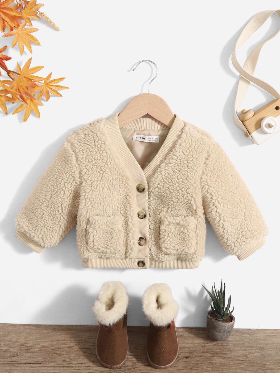 SHEIN Baby Double Pocket Teddy Jacket - Beige - View 1