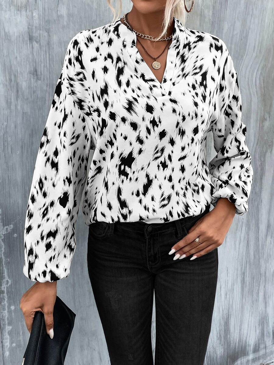 SHEIN Clasi Allover Print Lantern Sleeve Blouse - White - View 1