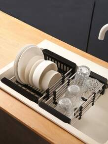 1pc Random Drain Rack, Stainless Steel Kitchen Basket, Home Dish Rack, Retractable Sink Shelf, Suitable For Rectangular Sink, Stainless Steel Drain Basket - Multicolor - View 2