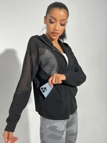 Easithlete Zip Up Fishnet Insert Drop Shoulder Hooded Sports Jacket