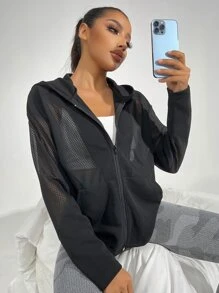 Easithlete Zip Up Fishnet Insert Drop Shoulder Hooded Sports Jacket