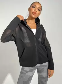 Easithlete Zip Up Fishnet Insert Drop Shoulder Hooded Sports Jacket