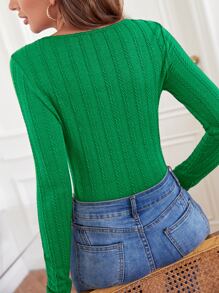 SHEIN Frenchy Áo thun nữ Tương phản ren Nút phía trước màu trơn Thanh lịch - màu xanh lá - Xem 5