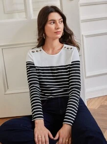 SHEIN Frenchy Camiseta de rayas con diseño de botón - Blanco y Negro - Ver 2