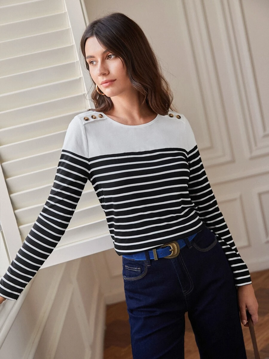 SHEIN Frenchy Striped Button Detail Tee - Black and White - View 1