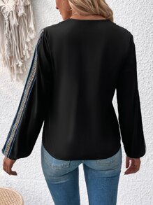 SHEIN Unity Áo sơ mi nữ Tương phản ren Ruy băng màu trơn Giải trí - màu đen - Xem 2