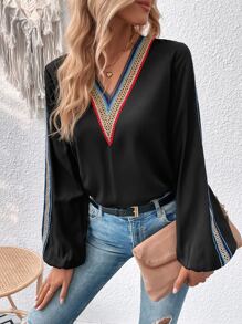 SHEIN Unity Áo sơ mi nữ Tương phản ren Ruy băng màu trơn Giải trí - màu đen - Xem 3