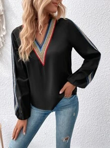 SHEIN Unity Áo sơ mi nữ Tương phản ren Ruy băng màu trơn Giải trí - màu đen - Xem 4