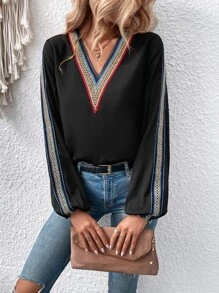 SHEIN Unity Áo sơ mi nữ Tương phản ren Ruy băng màu trơn Giải trí - màu đen - Xem 6