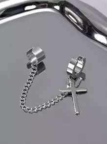 時尚流行1入組男士鍊式裝飾十字吊式耳環不銹鋼適合珠寶禮物和時尚外觀 - 銀色 - 查看 1