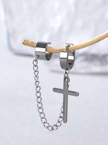 時尚流行1入組男士鍊式裝飾十字吊式耳環不銹鋼適合珠寶禮物和時尚外觀 - 銀色 - 查看 3