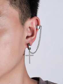 時尚流行1入組男士鍊式裝飾十字吊式耳環不銹鋼適合珠寶禮物和時尚外觀 - 銀色 - 查看 4