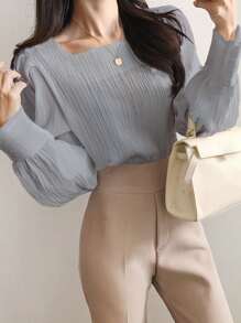 DAZY Square Neck Bishop Sleeve Blouse - Blue - View 1