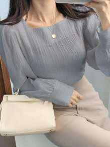 DAZY Square Neck Bishop Sleeve Blouse - Blue - View 2