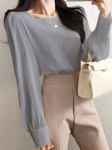 DAZY Square Neck Bishop Sleeve Blouse - Blue - View 3
