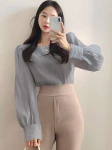 DAZY Square Neck Bishop Sleeve Blouse - Blue - View 4