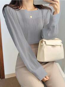 DAZY Square Neck Bishop Sleeve Blouse - Blue - View 5