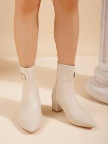 Buckle Decor Zipper Back Point Toe Chunky Heeled Classic Boots - Beige - View 2