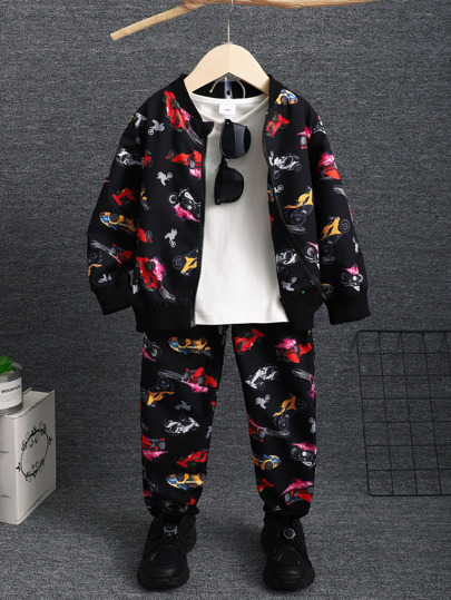 SHEIN Toddler Boys Car Print Zip Up Bomber Jacket & Pants Without Bag