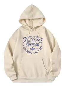 SHEIN EZwear Letter Graphic Drawstring Thermal Lined Hoodie - Apricot - View 1