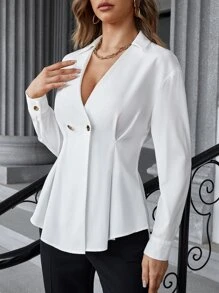 SHEIN Privé Plicated Detail Button Front Blouse - White - View 4
