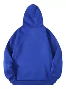 SHEIN EZwear Letter Graphic Kangaroo Pocket Drawstring Thermal Hoodie - Royal Blue - View 2