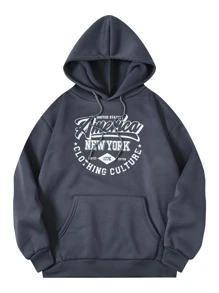 SHEIN EZwear Letter Graphic Drawstring Thermal Lined Hoodie - Dark Grey - View 1