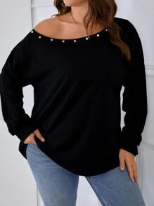 Calvaya Áo nỉ Plus Size cườm đính Ngọc trai màu trơn Giải trí - màu đen - Xem 5