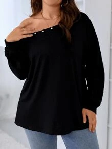 Calvaya Áo nỉ Plus Size cườm đính Ngọc trai màu trơn Giải trí - màu đen - Xem 6