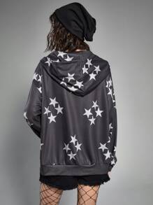 ROMWE 星星印花拉鏈連帽衫 - 黑色 - 查看 2