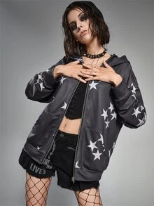 ROMWE 星星印花拉鏈連帽衫 - 黑色 - 查看 4