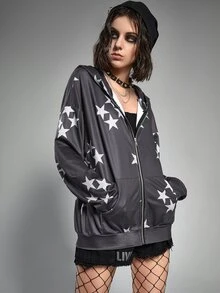 ROMWE 星星印花拉鏈連帽衫 - 黑色 - 查看 6