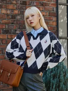 DAZY Argyle Pattern Letter Embroidery Drop Shoulder Jumper Without Blouse - Navy Blue - View 1