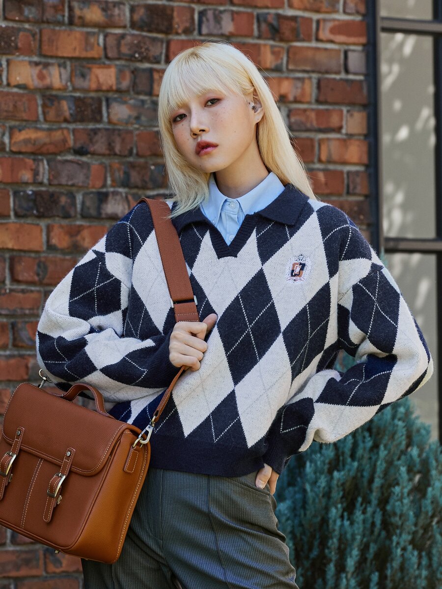 DAZY Argyle Pattern Letter Embroidery Drop Shoulder Jumper Without Blouse - Navy Blue - View 1