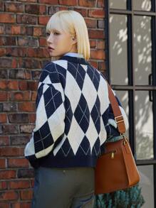 DAZY Argyle Pattern Letter Embroidery Drop Shoulder Jumper Without Blouse - Navy Blue - View 2