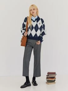 DAZY Argyle Pattern Letter Embroidery Drop Shoulder Jumper Without Blouse - Navy Blue - View 3