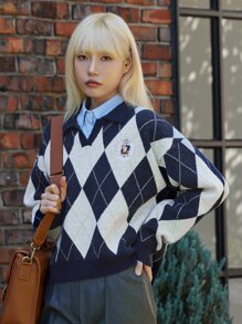 DAZY Argyle Pattern Letter Embroidery Drop Shoulder Jumper Without Blouse - Navy Blue - View 4