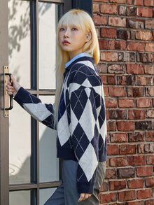 DAZY Argyle Pattern Letter Embroidery Drop Shoulder Jumper Without Blouse - Navy Blue - View 8