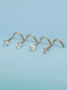 4pcs/set Cubic Zirconia Decor Nose Stud Unisex Fashion Punk Body Piercing Jewelry - Yellow Gold - View 1