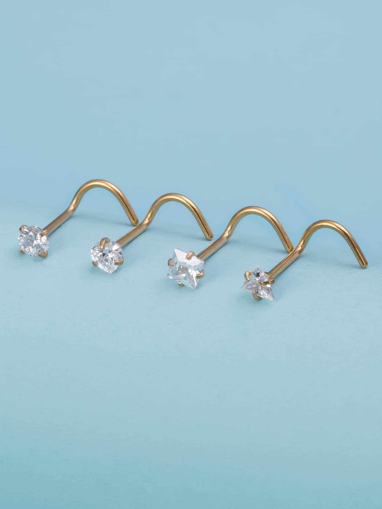 4pcs/set Cubic Zirconia Decor Nose Stud Unisex Fashion Punk Body Piercing Jewelry - Yellow Gold - View 1