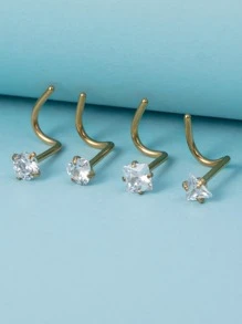 4pcs/set Cubic Zirconia Decor Nose Stud Unisex Fashion Punk Body Piercing Jewelry - Yellow Gold - View 4