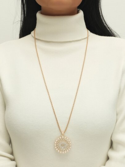 Faux Pearl & Rhinestone Round Pendant Necklace