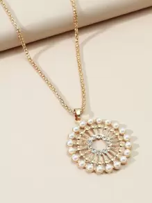 Faux Pearl & Rhinestone Round Pendant Necklace - Yellow Gold - View 2