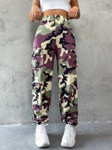 SHEIN Unity Camo Print Flap Pocket Side Cargo Trousers - Multicolor - View 1