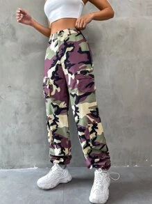 SHEIN Unity Camo Print Flap Pocket Side Cargo Trousers - Multicolor - View 3