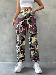 SHEIN Unity Camo Print Flap Pocket Side Cargo Trousers - Multicolor - View 4